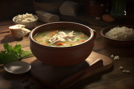 Homemade chicken and rice soup with vegetables in brown clay bowlの写真素材