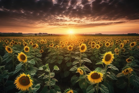 Sunflowers a field at dramatic sunseton the background of setting sun and cloudy skyの写真素材