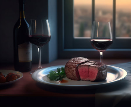 Beef meat steak on white plate, bottle with two glasses of red wine on table near windowの写真素材