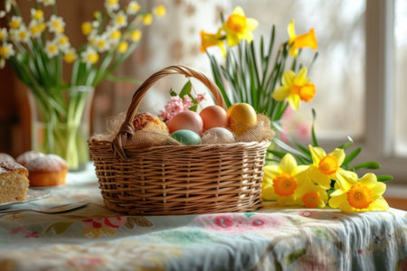 Easter composition. Easter eggs, cake and flowers on the table.の素材