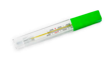 glass mercury thermometer in case isolated on white backgroundの写真素材