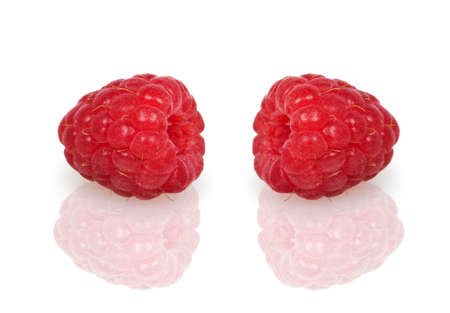 Two fresh red raspberries isolated on white backgroundの写真素材