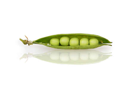 Open pod with peas isolated on white background