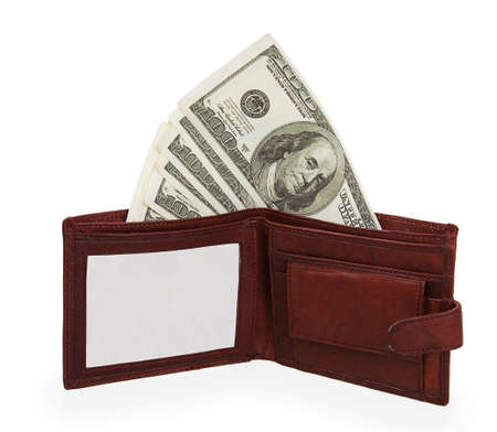 100 dollars banknote in open brown leather purse isolated on white background
