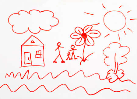 Child's drawing of a red marker on a white backgroundの写真素材