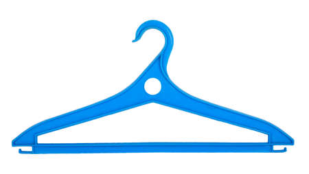 Blue plastic clothes hanger isolated on white backgroundの写真素材