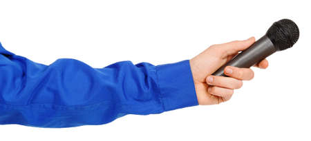 Man's hand in a blue striped shirt holding a microphone isolated on white backgroundの写真素材