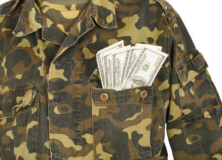 Army uniform pocket with dollars isolated on white background