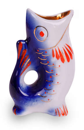 Ceramic fish jug isolated on white backgroundの写真素材