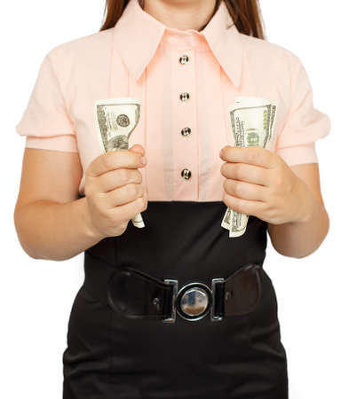 Business woman holds dollars in hands isolated on white background