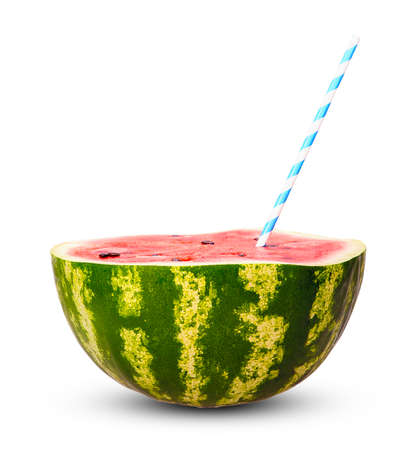 cut juicy watermelon with a striped straw isolated on white backgroundの写真素材