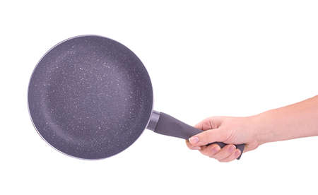 hand holding clean empty pan isolated on white backgroundの写真素材