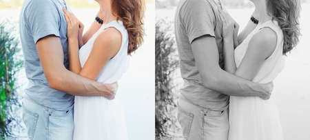 Handsome young man hugging his girlfriend near the river. Set color and black and whiteの写真素材