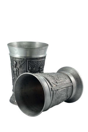 Two metal european wine goblets over white backgroundの写真素材