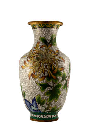 vintage oriental metal vase isolated on whiteの写真素材