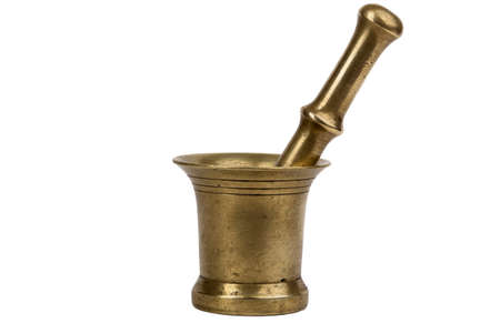 Bronze mortar with pestle isolated on white backgroundの写真素材