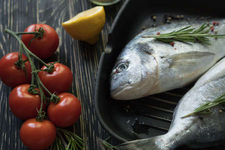 Raw fish cooking and ingredients. Dorado, lemon, herbs and spices.の写真素材