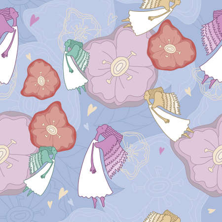 Vector calm angels with closed eyes fly among colorful and outline flowers, heart and leaves. Seamless pattern.のイラスト素材