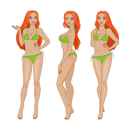 Set of three poses red-haired girl. summer tan girl in bikini swimsuit.のイラスト素材