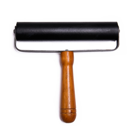 rubber pressure roller with a wooden handle, photographed against a white background