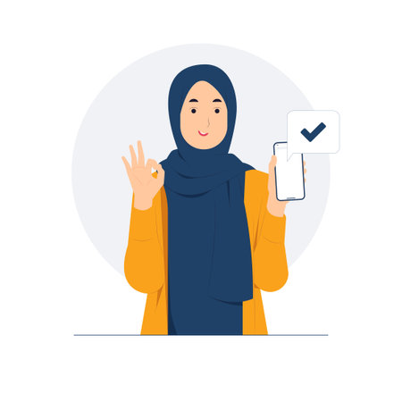 Muslim woman with approved gesture ok sign, standing and holding mobile smart phone, showing thumbs up concept illustrationのイラスト素材