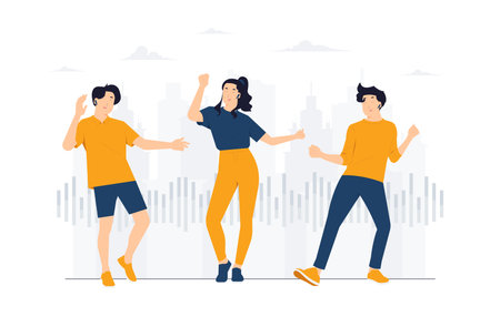 Happy people dance to music while listening to it with headphones and earphones. Set of diverse modern man and woman dancing from joy and fun concept illustrationのイラスト素材