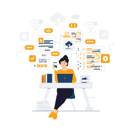 Programmer, Developer, software development, engineer with laptop sitting at the office desk while coding and developing programming language PHP, HTML, CSS, Js concept illustrationのイラスト素材