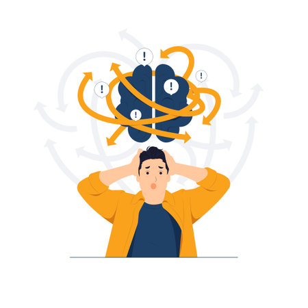 anxiety post-traumatic disorder, stress, depression, Schizophrenia, mental health, man feeling frustrated, scared, shocked, panic, fear and terrified concept illustrationのイラスト素材