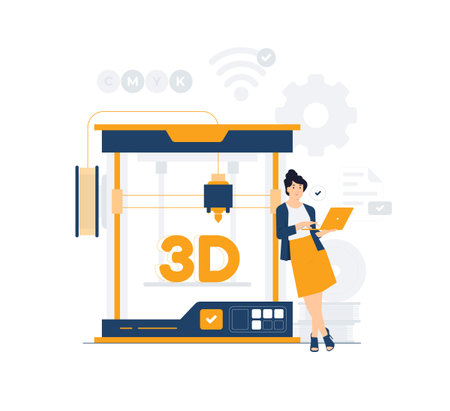 Woman engineer prints on 3d printer. 3D Printing technology, Prototyping Industry, Professional equipment for advertising agency. Designer develops models on computer concept illustrationのイラスト素材