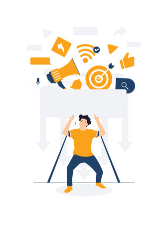 Man holding huge heavy burden overwhelmed from multitasking, work overload too many tasks, busy overworked, Frustrated, appointment, tired, exhausted concept illustrationのイラスト素材