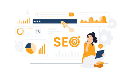SEO, Optimized pages, Boost website, Enhance rankings keywords, Visitor traffic, analytic strategies. Dominate search engine results with back link, organic growth concept illustrationのイラスト素材