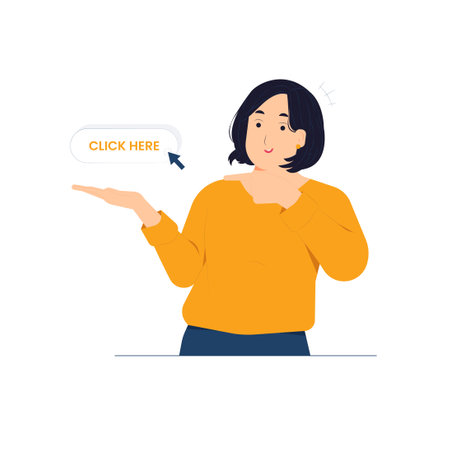 Happy woman pointing index fingers on the right corner, showing copy space click here concept illustrationのイラスト素材