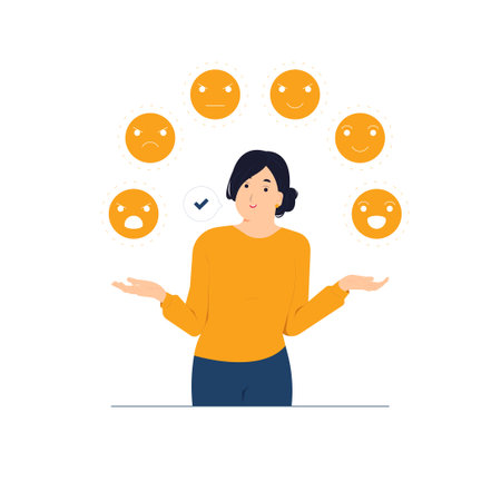 Emotional Intelligence, control feeling, logical thinking, self control, balance, woman connect juggles emoticons concept illustrationのイラスト素材