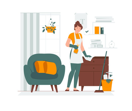 Housework, house keeping service, woman wearing apron cleaning dust in home concept illustrationのイラスト素材
