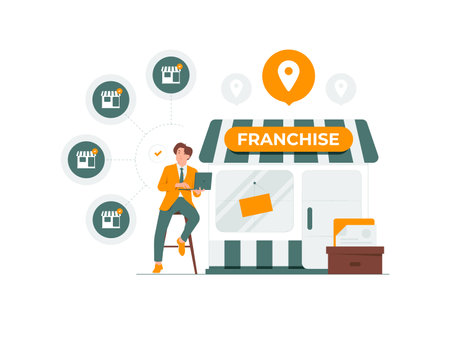 Businessman connecting franchise marketing system concept illustrationのイラスト素材