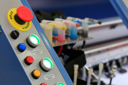 Control panel of large format printer. Selective focus.の写真素材