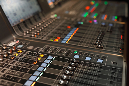 Close up of live sound mixing console. Selective focus.