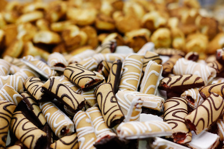 Jam filled glazed biscuit cookie bars. Selective focus.の写真素材