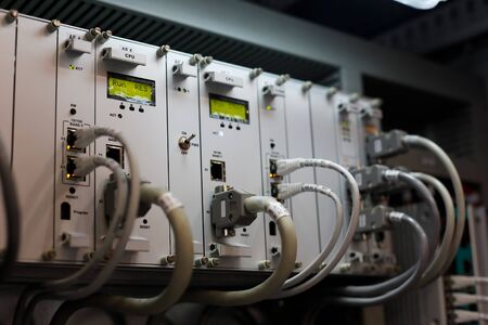 Industrial PLC system in a rack. Selective focus.