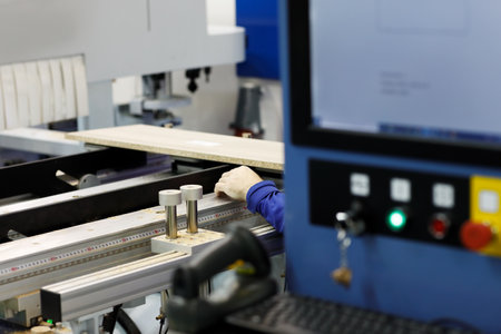 Panel processing on multi-rows woodworking drilling machine at a furniture factory. Selective focus.の写真素材