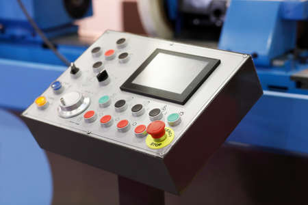 Control panel of industrial equipment with touchscreen. Selective focus.の写真素材