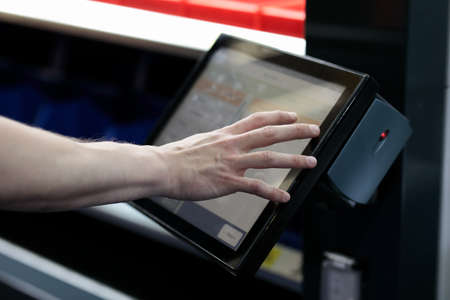 Remote touchscreen control panel of industrial equipment. Selective focus.の写真素材