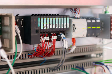 Industrial PLC based automation system in a rack. Selective focus.