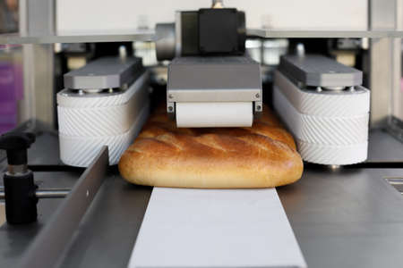 Loaves of bread prepared from wheat flour on a conveyor belt. Automated bakery production line....