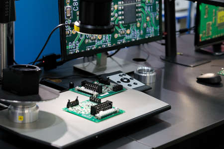 Inspection system with digital microscope for checking the quality of electronic PCB soldering....