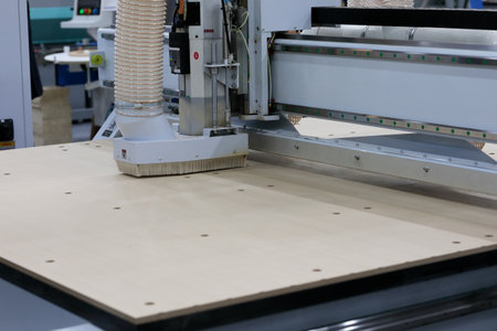 Modern CNC woodworking center in furniture factory. Selective focus.