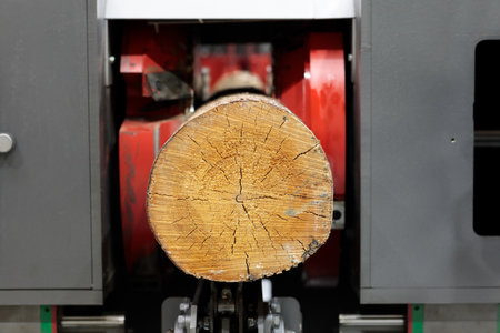 Round log multi blade rip saw machine close up. Selective focus.の写真素材