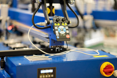 Controls of t-shirt screen printing rotary machine. Selective focus.