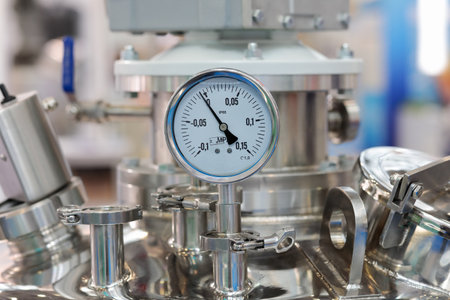 Stainless steel industrial chemical reactor with pressure gauge. Selective focus.の写真素材