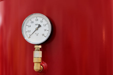 Analog pressure gauge on a metal storage tank. Selective focus.の写真素材